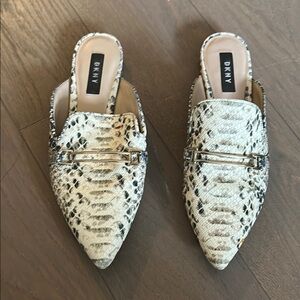 DKNY Black and Cream Mules Sleek Snakeskin Design